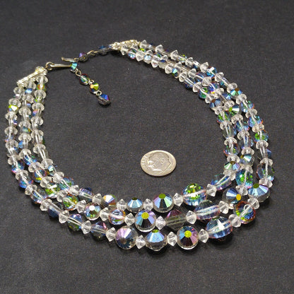 Vitrail Aurora Borealis Crystal Bead Necklace, Three Strands, 1960s Vintage Jewelry