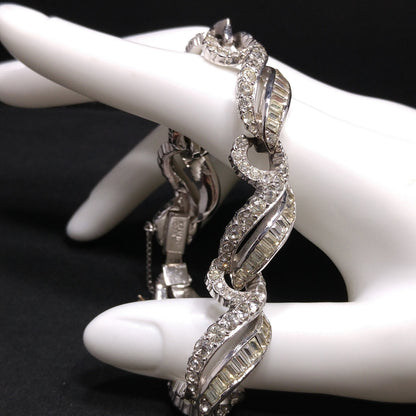 Kramer of New York Clear Rhinestone Bracelet, Rhodium Plated, Safety Chain, 1950s Vintage Jewelry