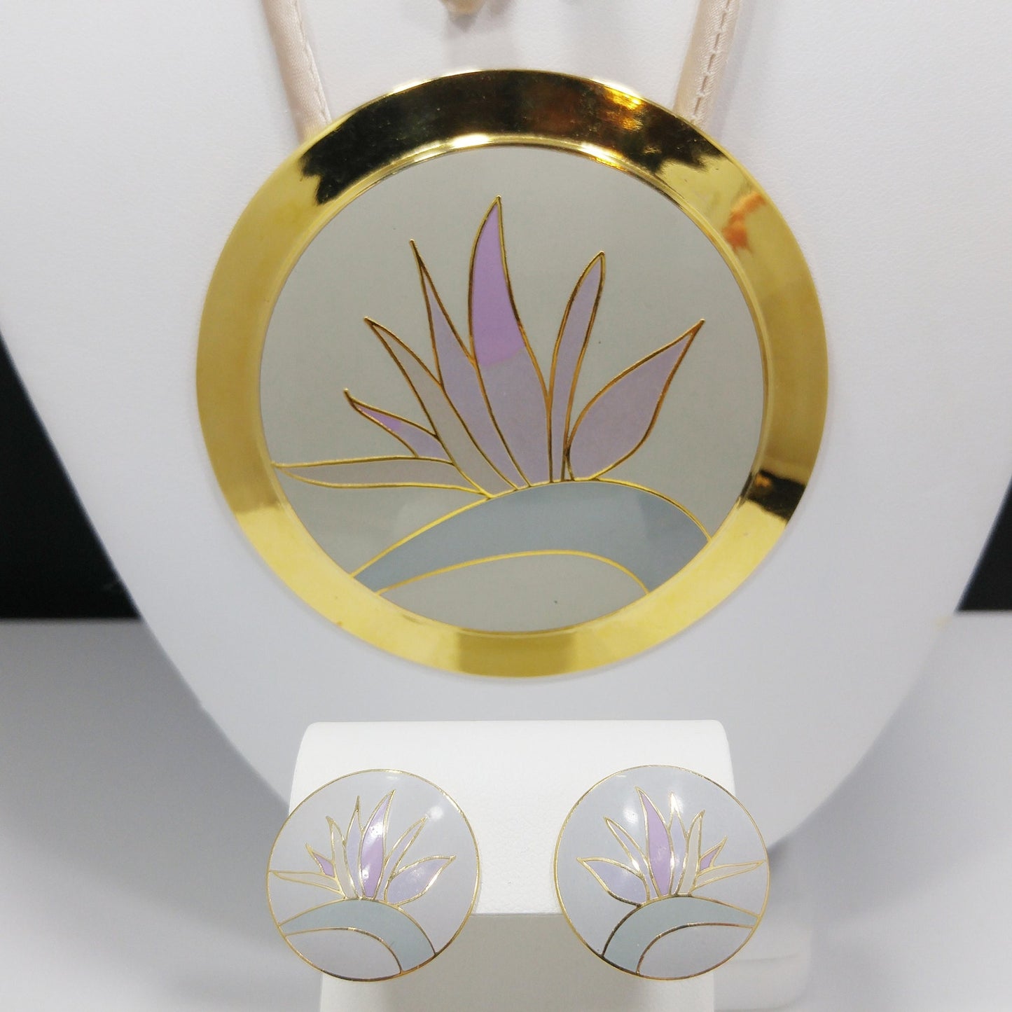 Laurel Burch "Bird of Paradise" Necklace & Earrings Set, Gold Plate Cloisonné Pastel Enamel, 1980s Vintage Jewelry
