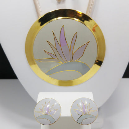 Laurel Burch "Bird of Paradise" Necklace & Earrings Set, Gold Plate Cloisonné Pastel Enamel, 1980s Vintage Jewelry