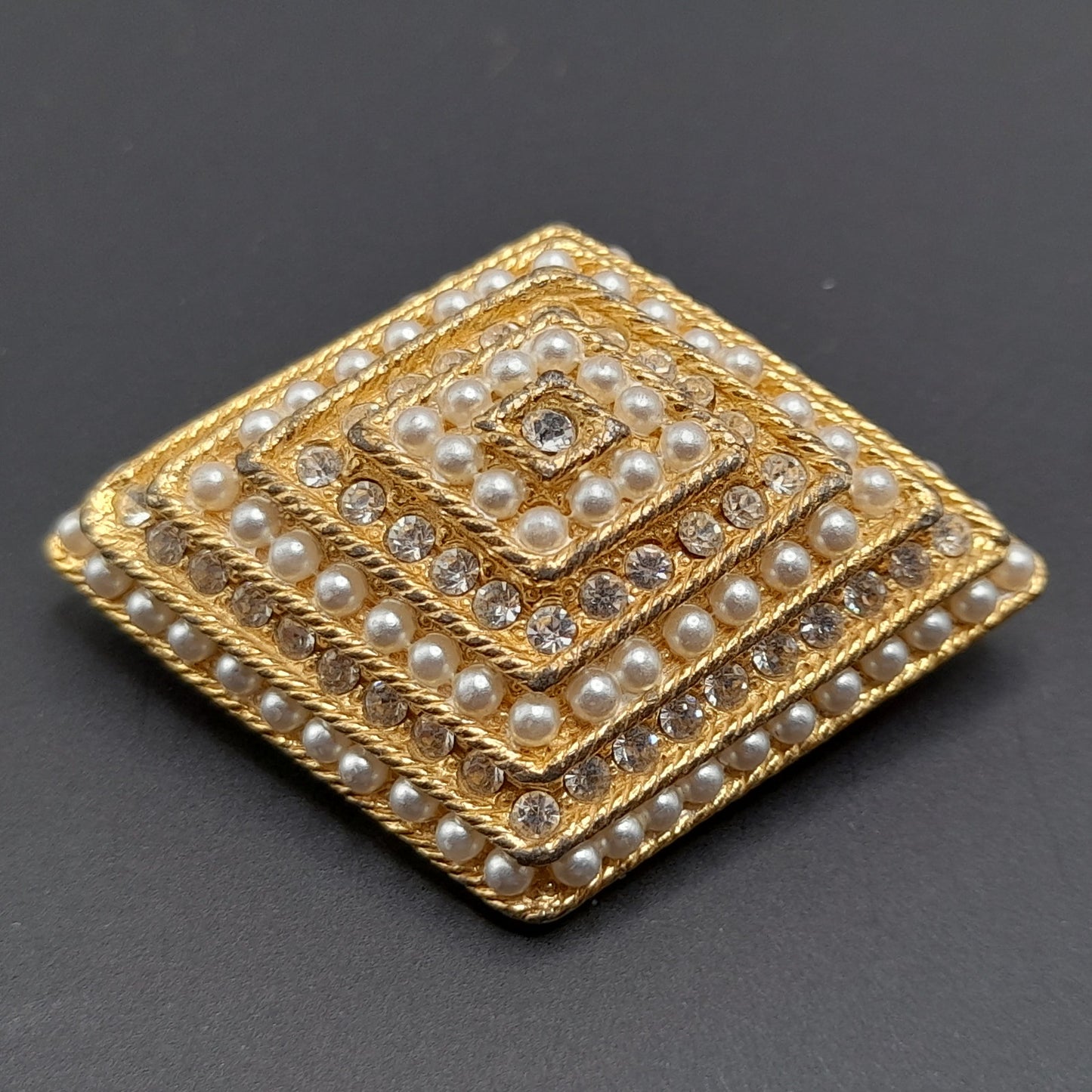 Vintage Rhinestone Faux Pearl Diamond Shaped Brooch Gold Tone Pin - 2 1/4 Inches