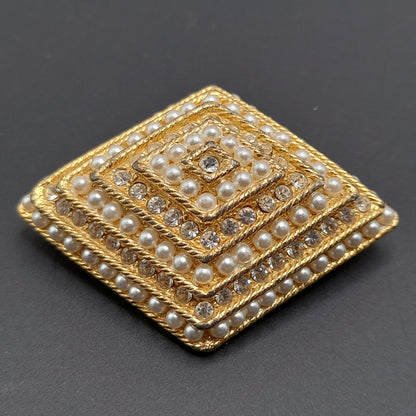 Vintage Rhinestone Faux Pearl Diamond Shaped Brooch Gold Tone Pin - 2 1/4 Inches