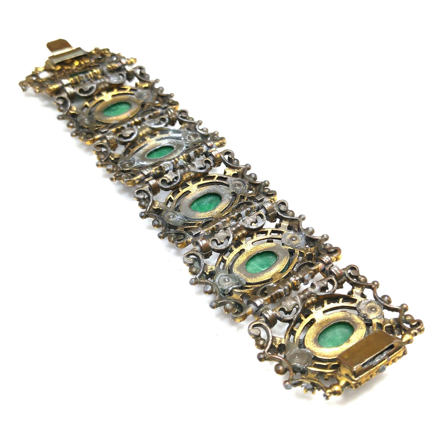 Victorian Style Faux Jade Wide Bracelet, Unsigned Joseff of Hollywood, 1940s Vintage Jewelry