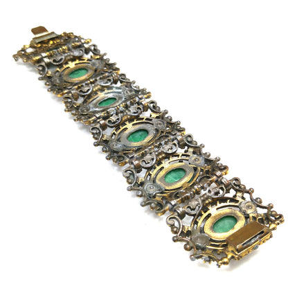 Victorian Style Faux Jade Wide Bracelet, Unsigned Joseff of Hollywood, 1940s Vintage Jewelry