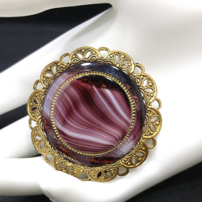 Western Germany Purple Art Glass Brooch, Filigree Frame, 1950s Vintage Jewelry
