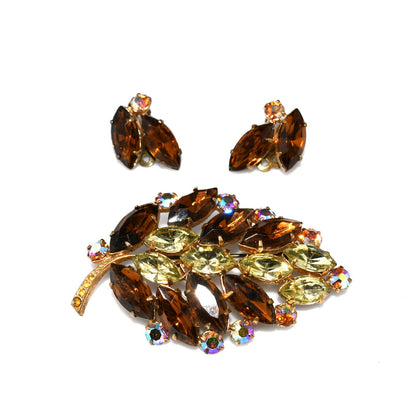 Mid-Century Topaz Jonquil Rhinestone Leaf Brooch Earrings Set, 1960s Vintage Jewelry
