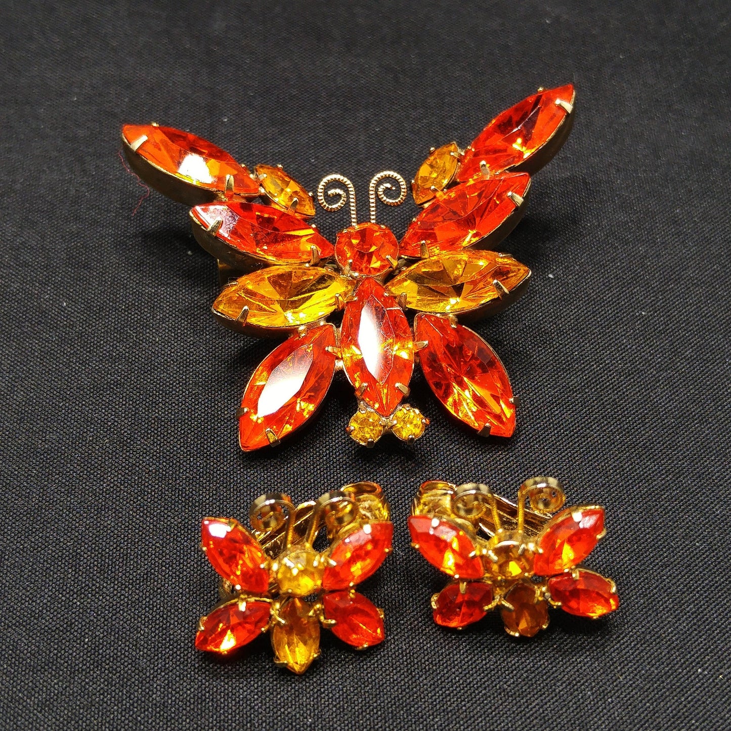 Orange & Topaz Rhinestone Butterfly Brooch Earrings Set, Gold Plating, 1960s