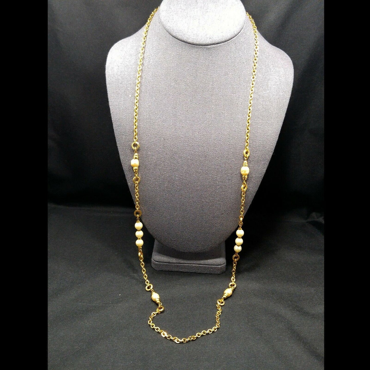 Vintage Monet Long Gold Chain Necklace Faux Pearls 1970s Sister Clasp 36"