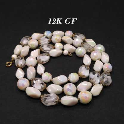 Vintage Czech White Glass Beaded Necklace, Art Glass Beads, 12K GF Clasp, 1950s Vintage Jewelry