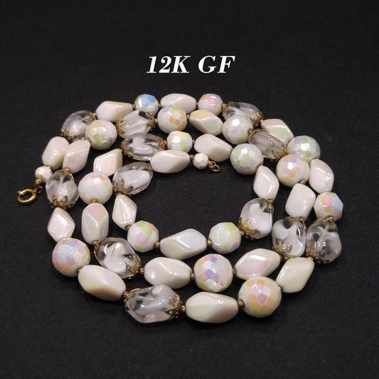Vintage Czech White Glass Beaded Necklace, Art Glass Beads, 12K GF Clasp, 1950s Vintage Jewelry