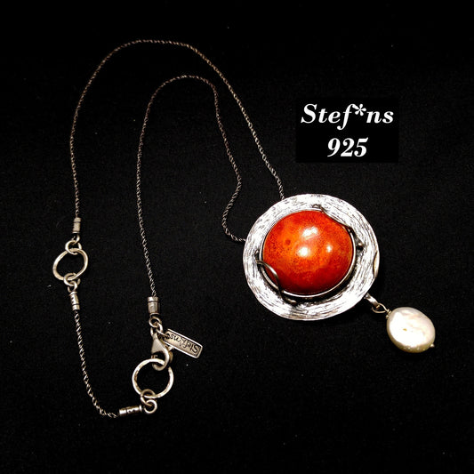 Sterling Silver Israel Artisan Pendant Necklace, Faux Pearl Dangle, 1990s Vintage Jewelry