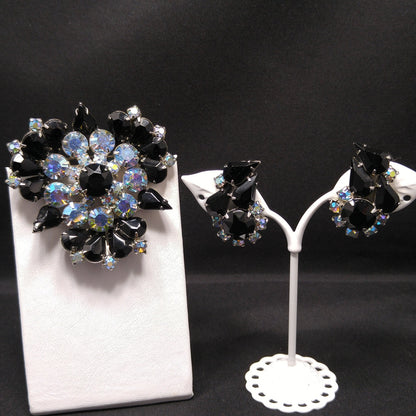 Black Aurora Borealis Brooch & Earrings, Rhodium Plated, 1960s Vintage Jewelry