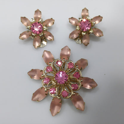 Mid-Century Pink Flower Brooch & Earrings, Frosty Light Pink Cabs, Hot Pink Rhinestones, 1950s Vintage Jewelry