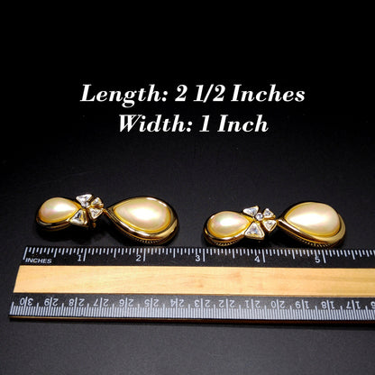 Vintage Christian Dior Large Faux Pearl Dangle Clip Earrings, Gold Plated, 1980s