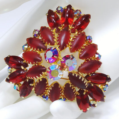 Red Art Glass & Rhinestone Brooch, Gold Plated, Juliana Style, 1960s Vintage Jewelry