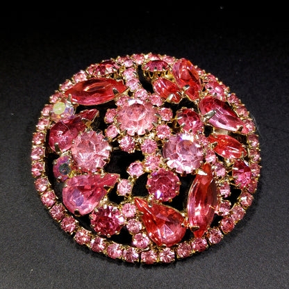 Weiss Pink Rhinestone Brooch & Clip Earrings Set Gold Tone Vintage 1960s