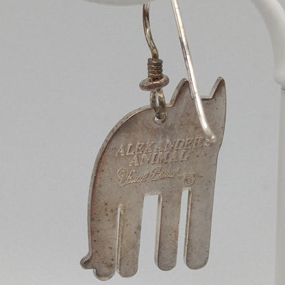 Laurel Burch "Alexander's Animal" Cat Earrings, Rhodium Plated Enamel, 1980s Vintage Jewelry