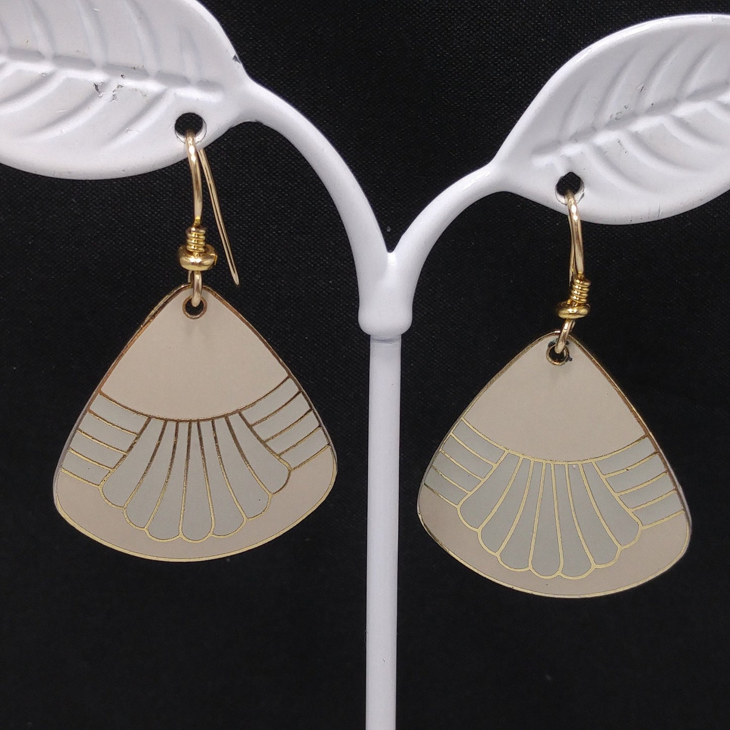 Vintage Laurel Burch Beige Gray Waterfall Earrings, Gold Plated