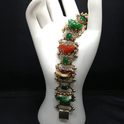 Vintage Book Chain Glass Links Bracelet, Green Red Brown White Glass, 1950s Vintage Jewelry