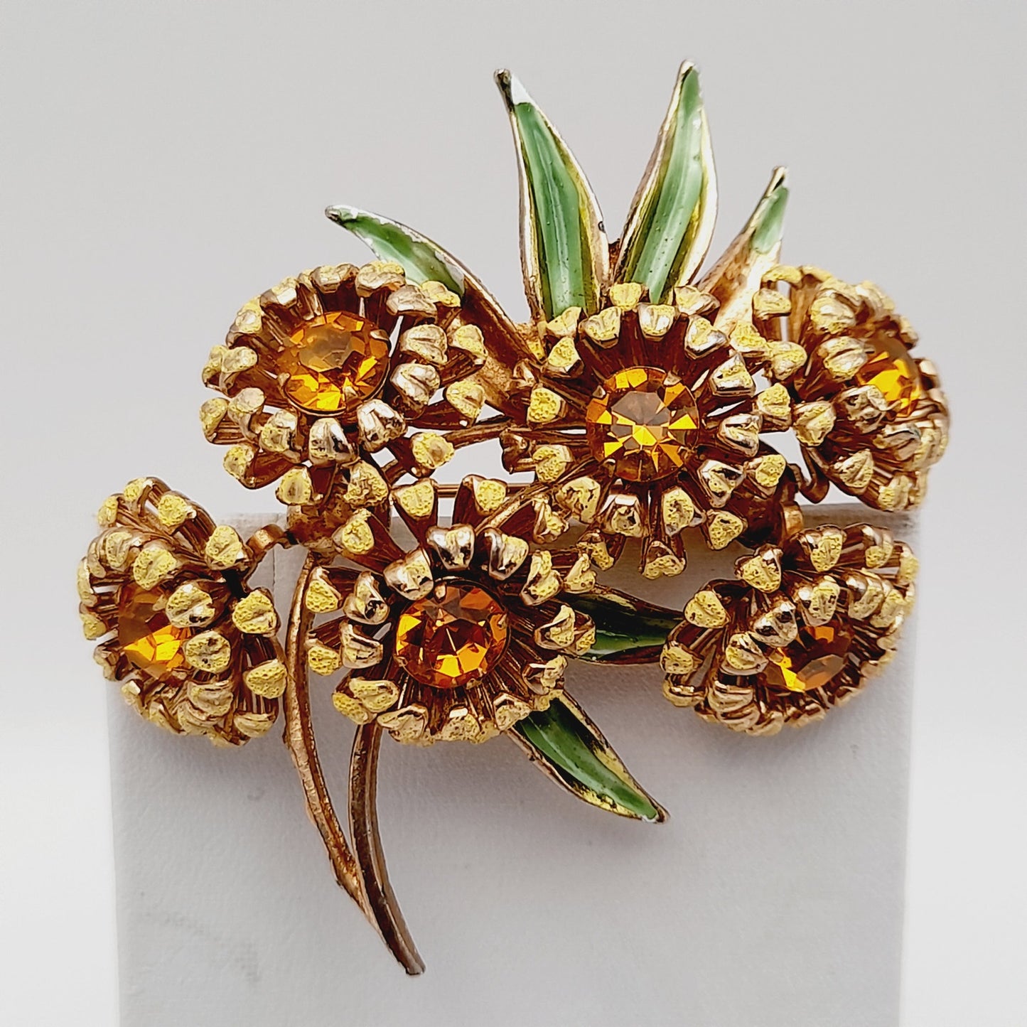 Vintage Weiss Sunflower Brooch Gold Tone Topaz Rhinestones Enamel 1950s