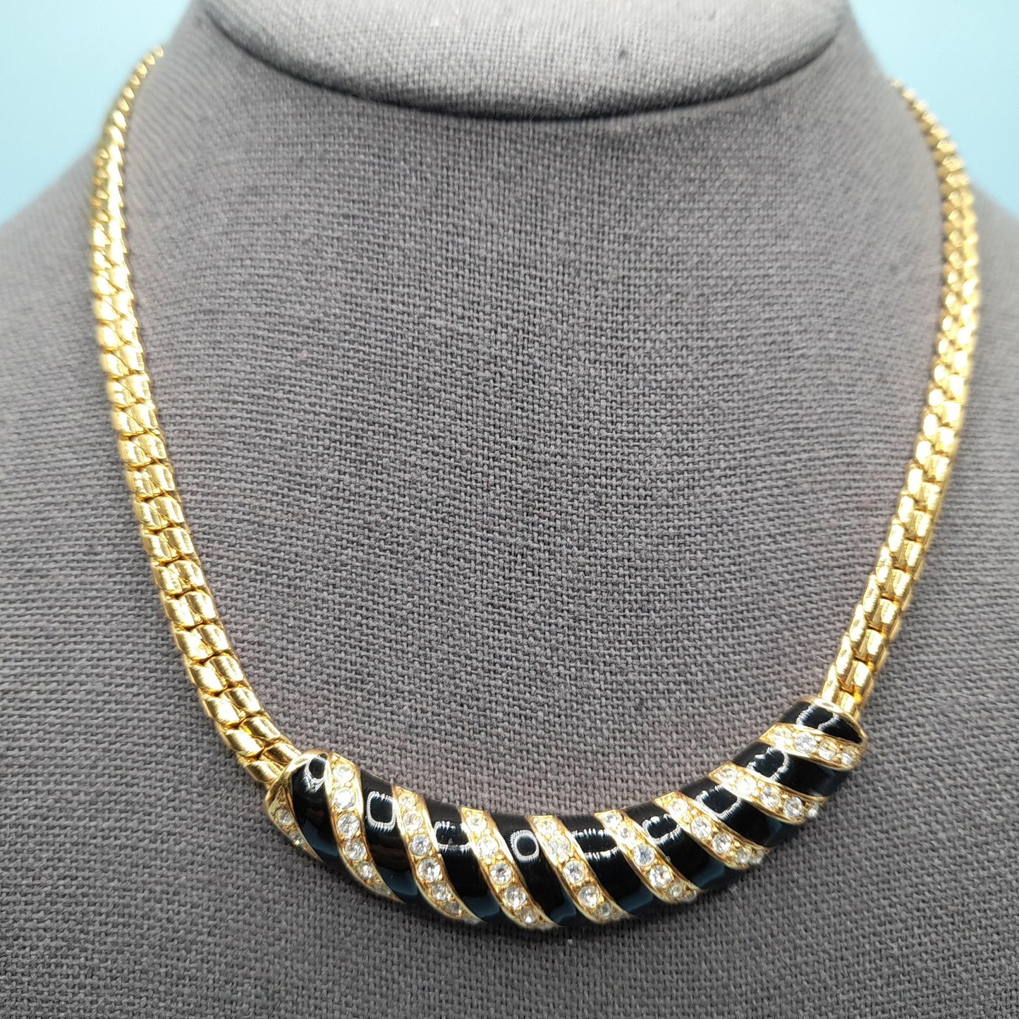 Vintage Swarovski Swan Logo Necklace – Gold Plated Black Enamel Crystal 1980s