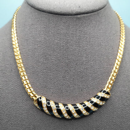 Vintage Swarovski Swan Logo Necklace – Gold Plated Black Enamel Crystal 1980s