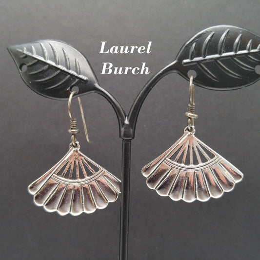 Laurel Burch Fan Earrings, Rhodium Plated, Silver Plated Ear Wire, 1980s Vintage Jewelry