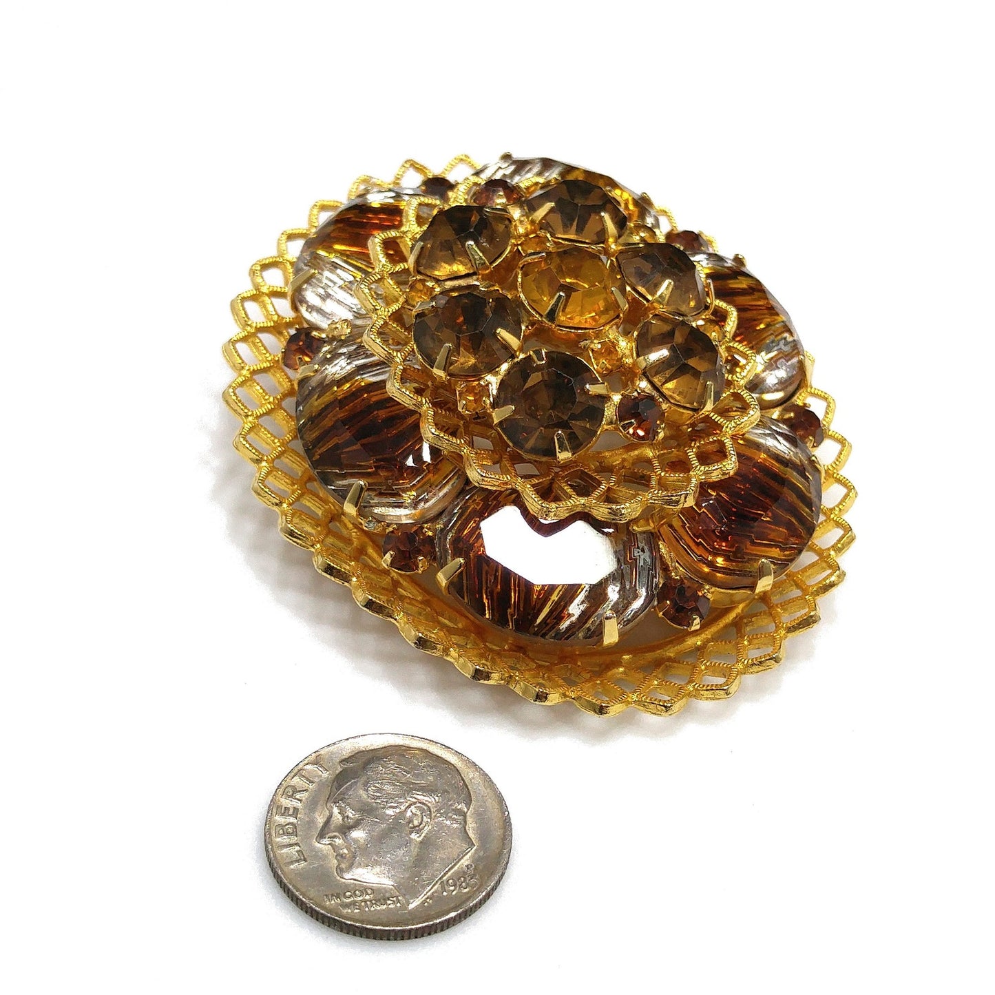 Light Dark Topaz Rhinestones Filigree Brooch, Art Glass, Two Tiered Oval Pin, 1960s Vintage Jewelry