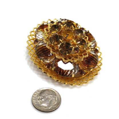 Light Dark Topaz Rhinestones Filigree Brooch, Art Glass, Two Tiered Oval Pin, 1960s Vintage Jewelry