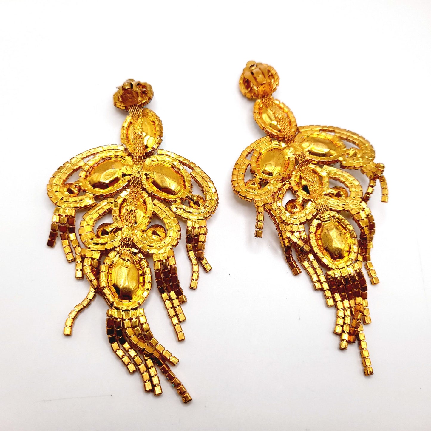 Runway Aurora Borealis Rhinestone Clip Earrings – Gold Tone Statement Jewelry