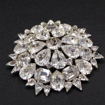 Weiss 1950s Large Clear Rhinestone Floral Brooch | Rhodium Plated Statement Pin | Vintage Mid-Century Jewelry