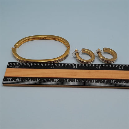 Vintage Swarovski Rhinestone Hinged Bracelet Hoop Post Earrings Set, Gold Plated, Swan Logo