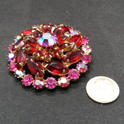 Red & Pink Rhinestone Brooch, Gold Plated, 1960s Vintage Jewelry