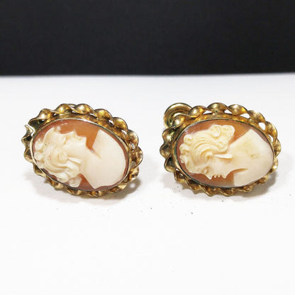 CM Carved Cameo Shell Earrings, Gold Filled, 1940s Vintage Jewelry