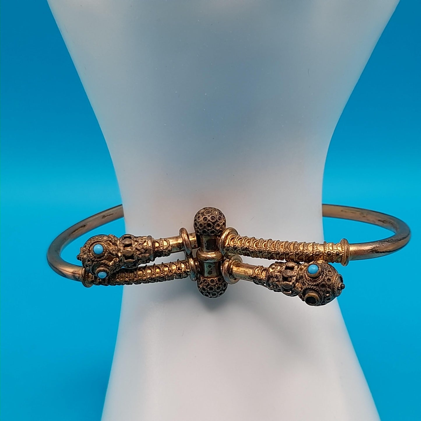 Antique Snake Cuff Bracelet, Gold Filled, Filigree Balls, Turquoise Bead Eyes, Victorian 1800s Jewelry