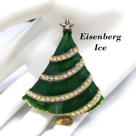 Eisenberg Ice Christmas Tree Brooch, Green Enamel, Gold Plate, 1960s Vintage Jewelry