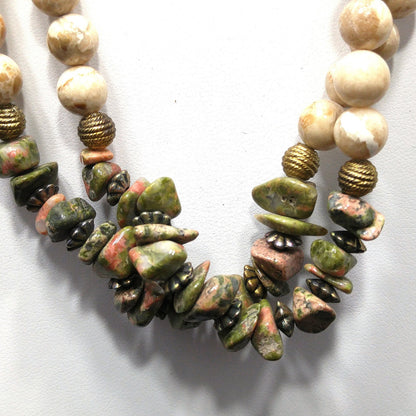 Gemstone Two Strand Beaded Necklace, Jade, Rhyolite and Quartz, 1980s Vintage Jewelry