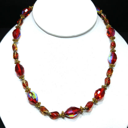Vintage Red AB Crystal & Art Glass Bead Necklace 1950s Faceted Single Strand 17"