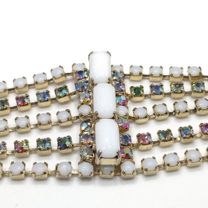 Vintage Milk Glass Jewelry Set, Necklace Bracelet Clip Earrings, Aurora Borealis, 1960s Vintage Jewelry
