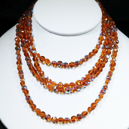 Topaz Austrian Crystal Beaded Necklace, 60 Inches, Aurora Borealis, 1960s Vintage Jewelry