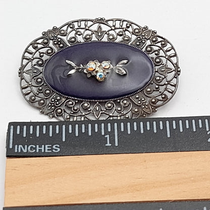 Vintage Catherine Popesco Art Deco Black Enamel AB Rhinestones Brooch