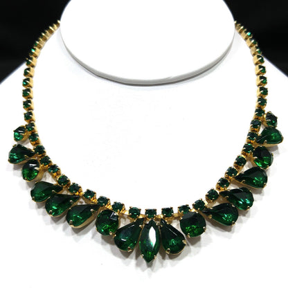 Vintage Emerald Green Rhinestone Choker Necklace, Gold Plated, 14 3/4 Inches, 1960s Vintage Jewelry
