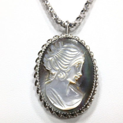Abalone Shell Cameo Pendant Brooch, 925 Silver Necklace, 1970s Vintage Jewelry