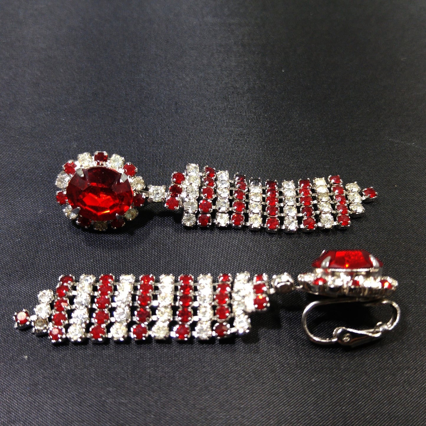 Red & Clear Long Rhinestone Earrings, Dangle , 1960s Vintage Jewelry