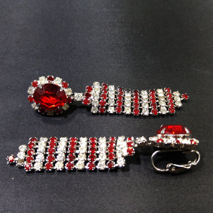 Red & Clear Long Rhinestone Earrings, Dangle , 1960s Vintage Jewelry