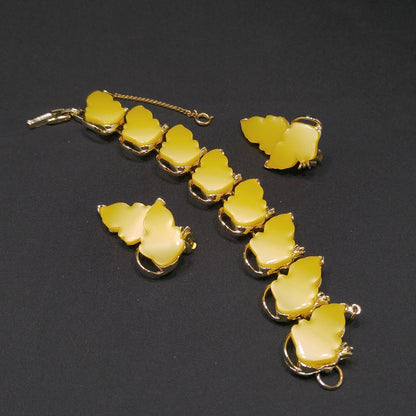 Yellow Thermoset Leaves Bracelet & Earrings, Gold Plated, Ear Climbers, 1960s Vintage Jewelry