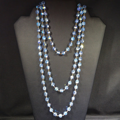 Blue Austrian Crystal Beaded Necklace, Long Rosary Style, 1960s Vintage Jewelry