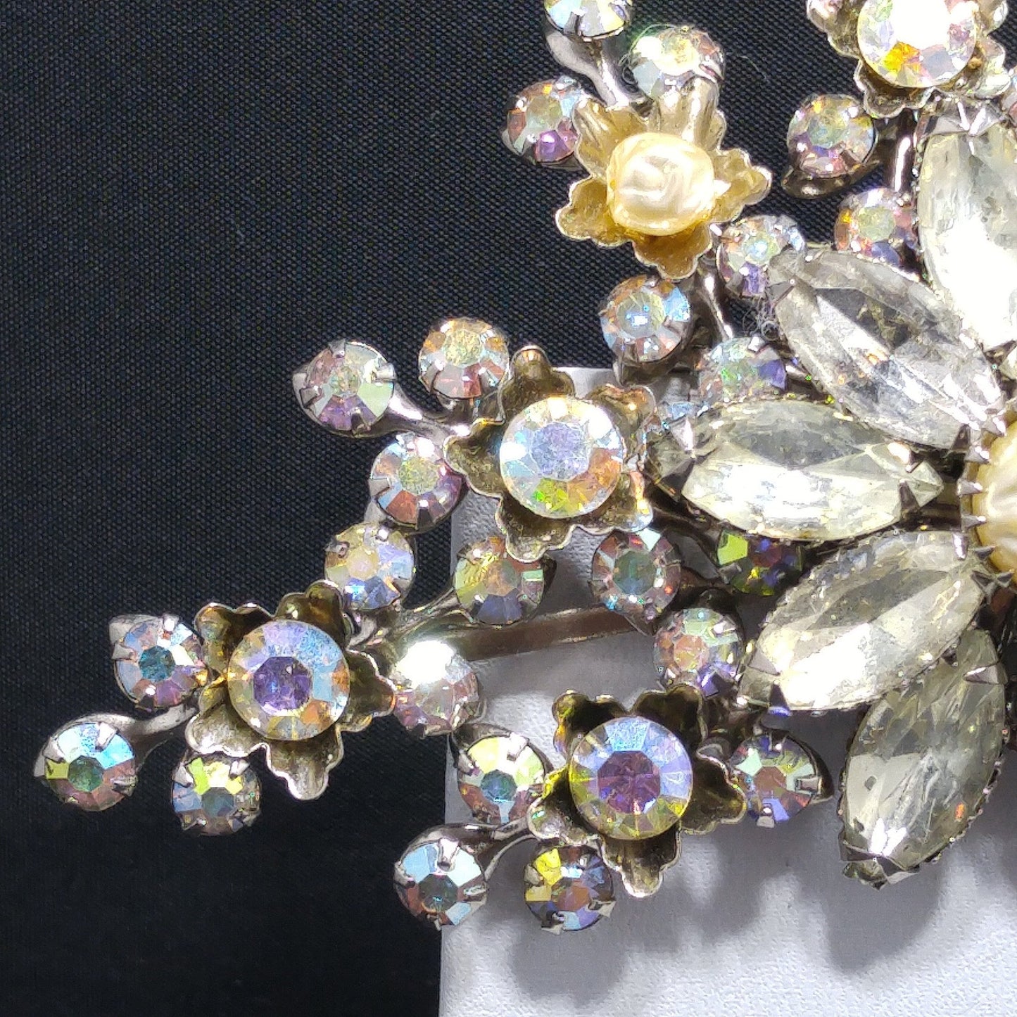 Judy Lee Signed Large Floral Brooch Rhinestone Faux Pearl AB Silver Tone 1950s