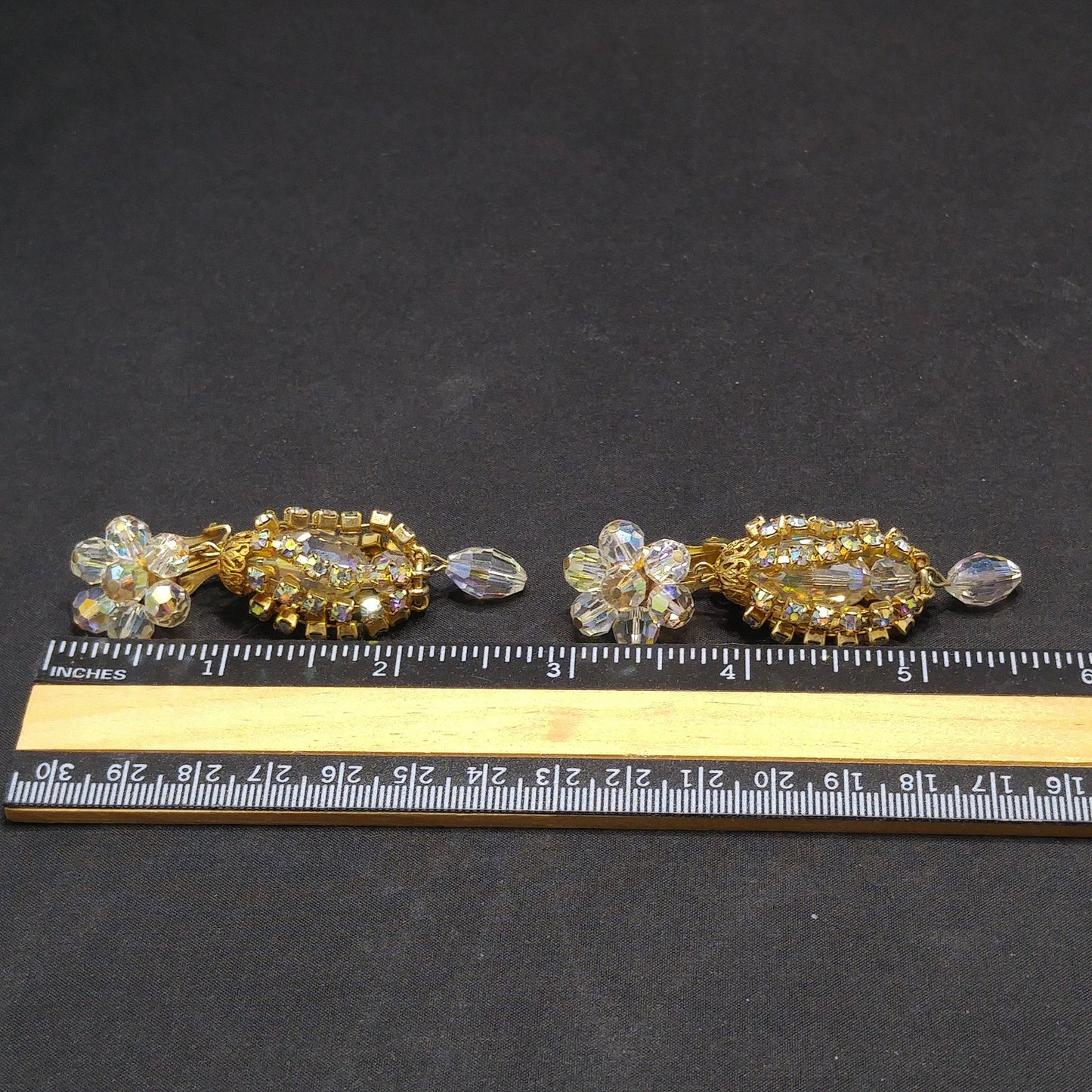 Crystal Rhinestone Dangle Clip Earrings, Aurora Borealis, 1960s Vintage Jewelry