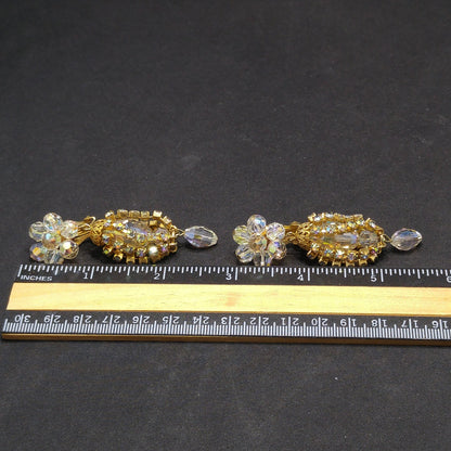 Crystal Rhinestone Dangle Clip Earrings, Aurora Borealis, 1960s Vintage Jewelry